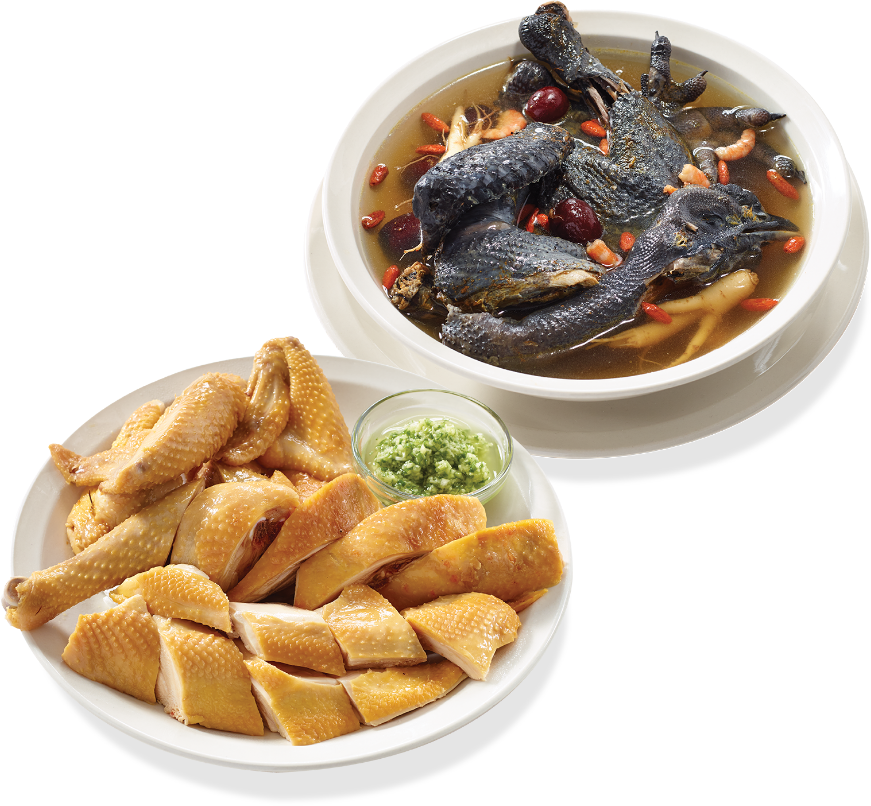 A bowl of Ginseng and black chicken soup and a bowl of yellow guifei chicken